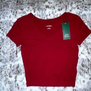 berry maroon basic v-neck crop top